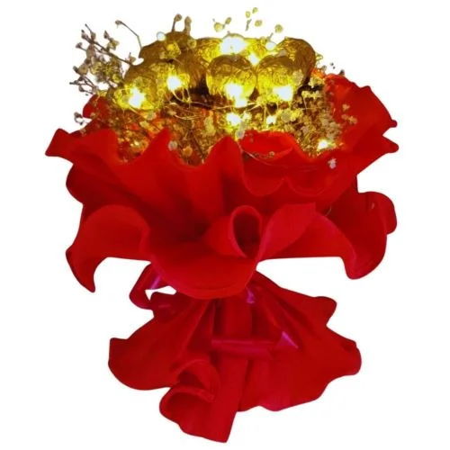 Ramo de flores con rocher y leds rojo 